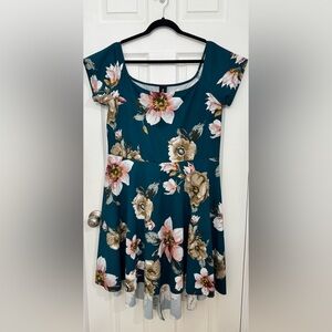 Elegant Floral High Low Dress in Teal and Pink